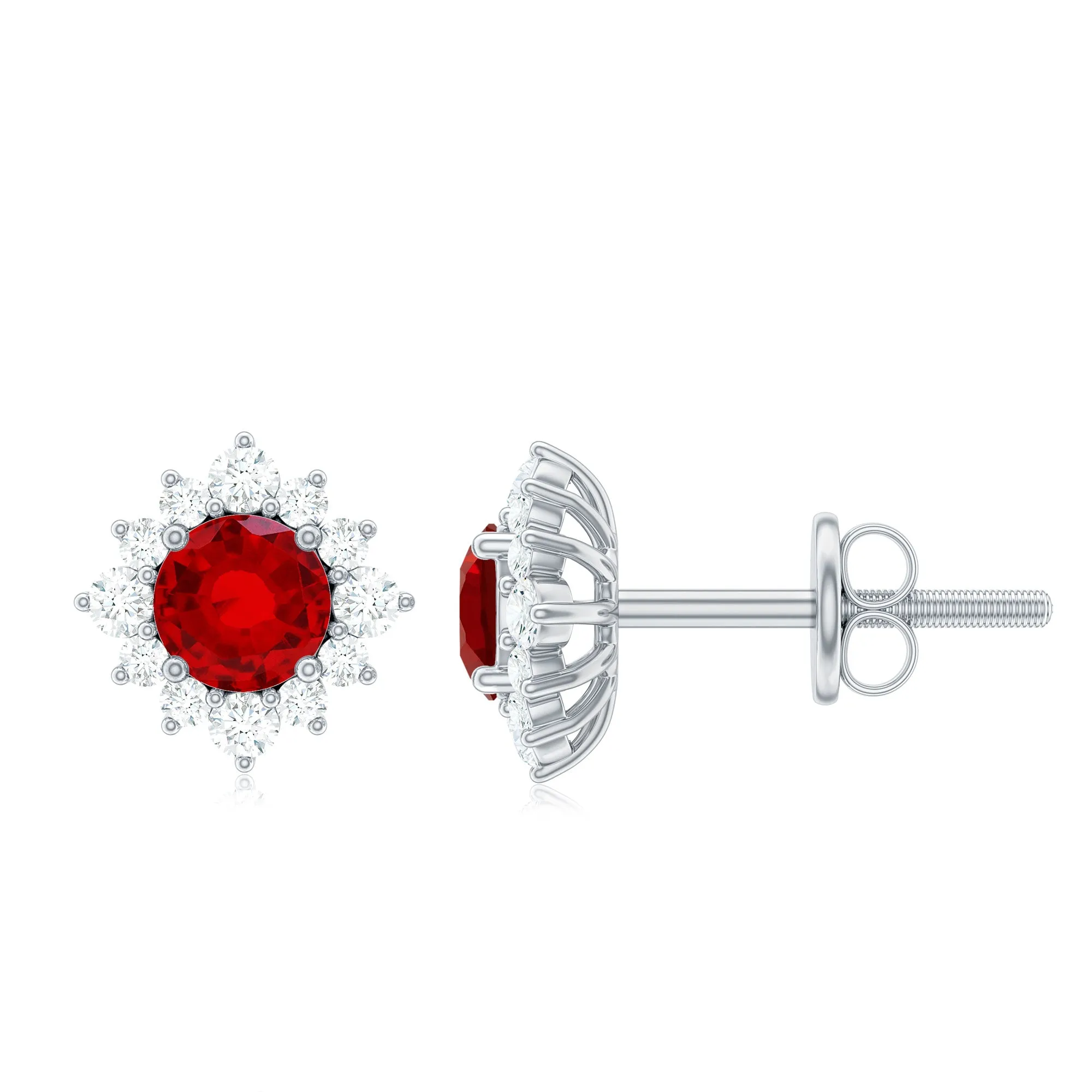 1.25 CT Created Ruby Classic Stud Earrings with Diamond Halo