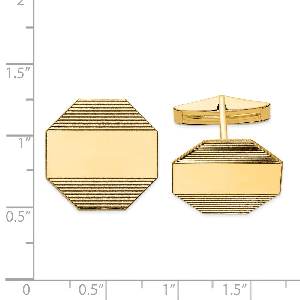 14k Real Gold Men's Octagonal With Line Design Cuff Links