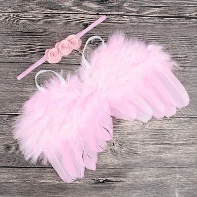 2pcs/set Cute Newborn Angel Feather Wings with Baby Girl Rose Flower Headband Hair Accessories for Infant Photography Props