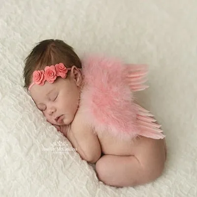 2pcs/set Cute Newborn Angel Feather Wings with Baby Girl Rose Flower Headband Hair Accessories for Infant Photography Props