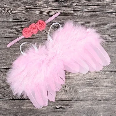 2pcs/set Cute Newborn Angel Feather Wings with Baby Girl Rose Flower Headband Hair Accessories for Infant Photography Props