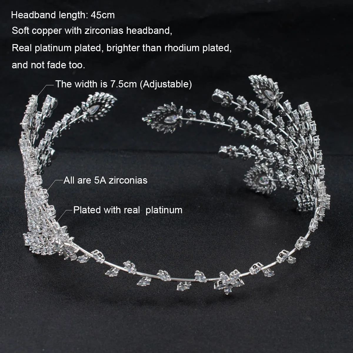 3/4 Round Cubic Zirconia Bridal Wedding Feather Headband Hair Band Tiara for Women CHA10049