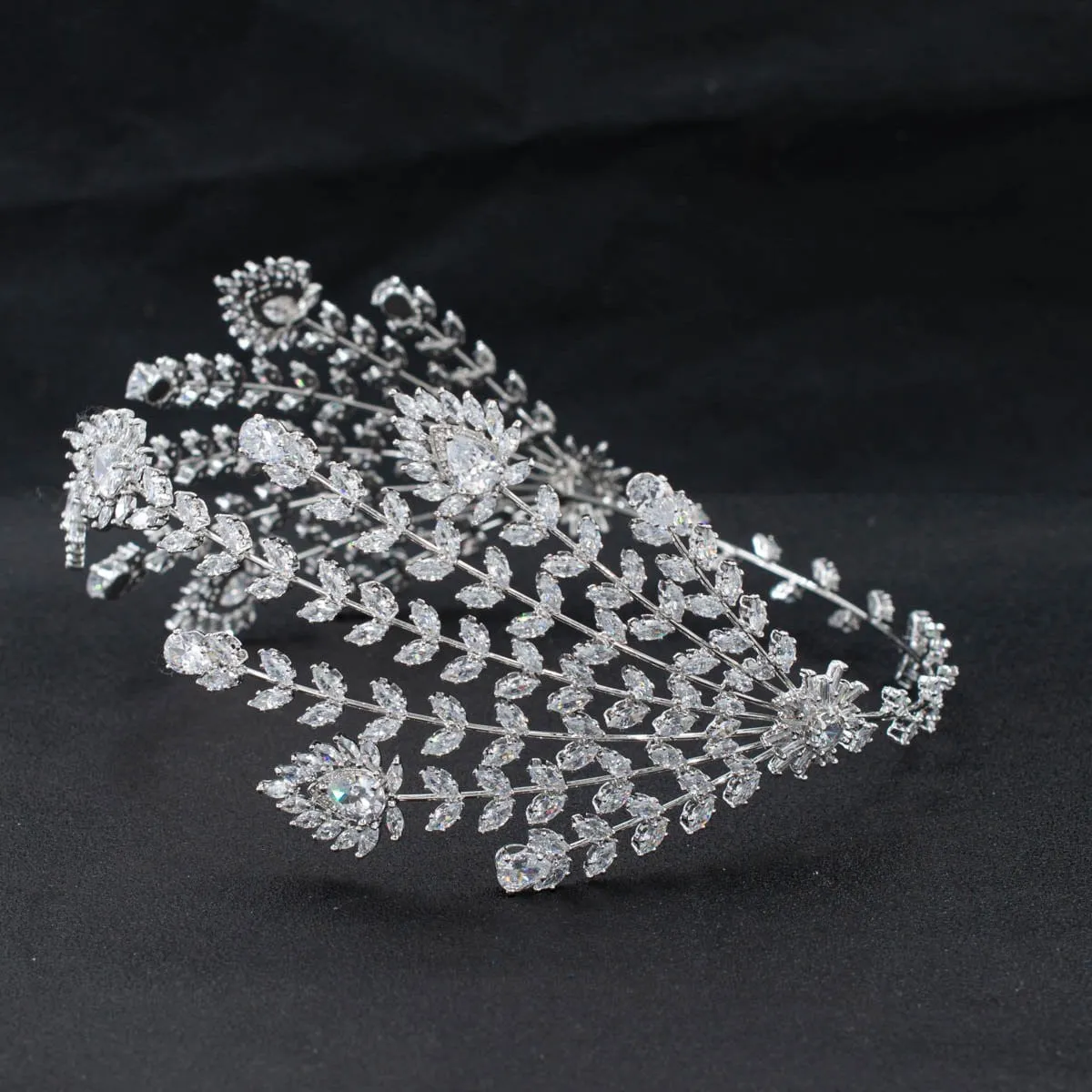 3/4 Round Cubic Zirconia Bridal Wedding Feather Headband Hair Band Tiara for Women CHA10049