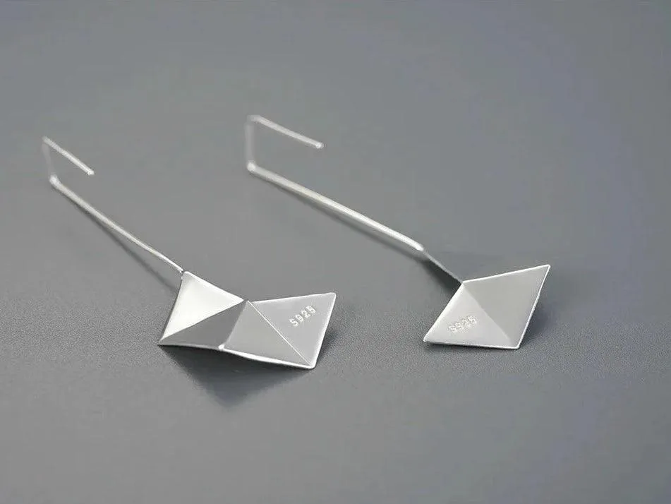 925 Sterling Silver Simple Origami Long Drop Earring Charm Jewelry LFJB0262