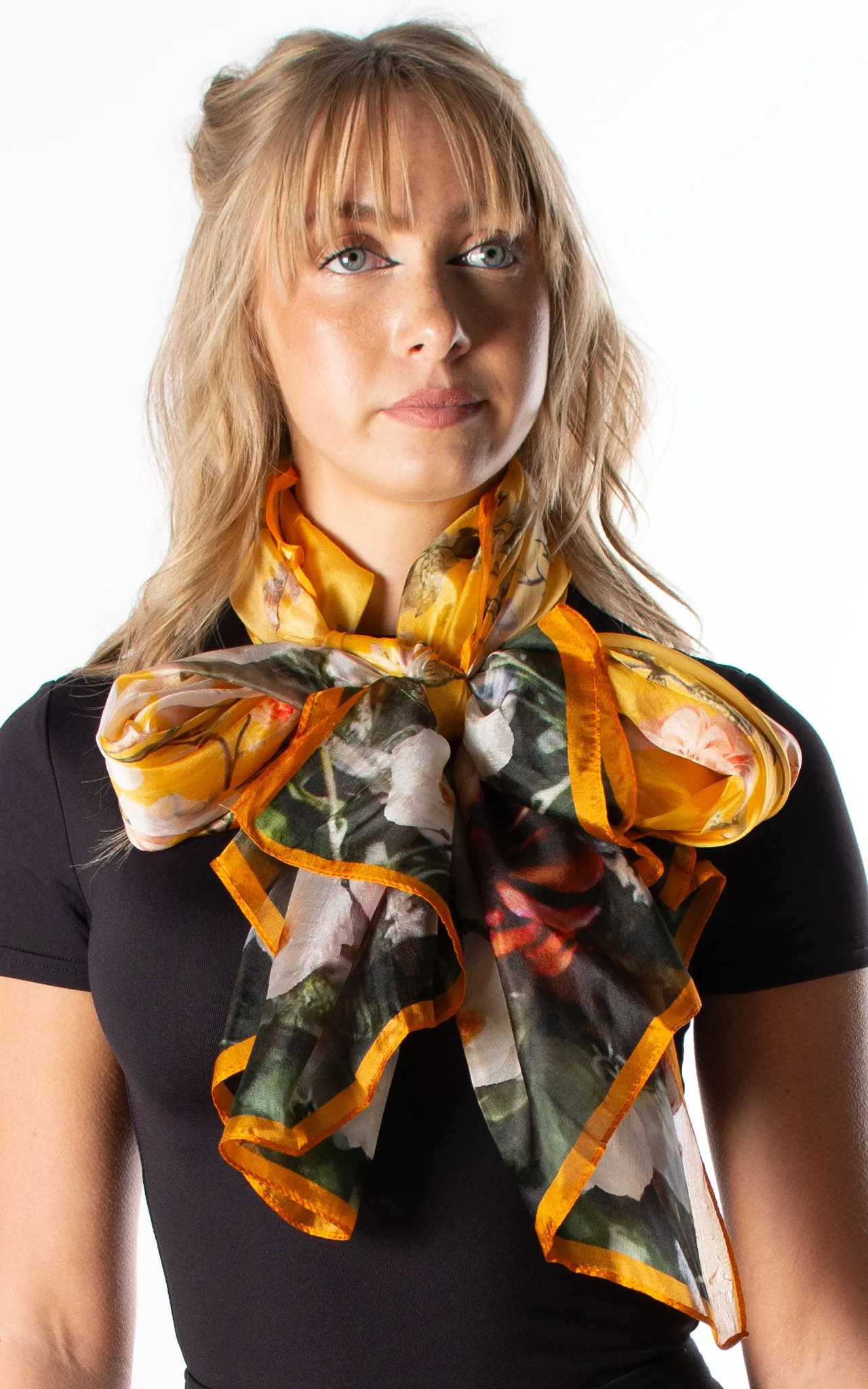 Acrylic Flowers Yellow Silk Scarf