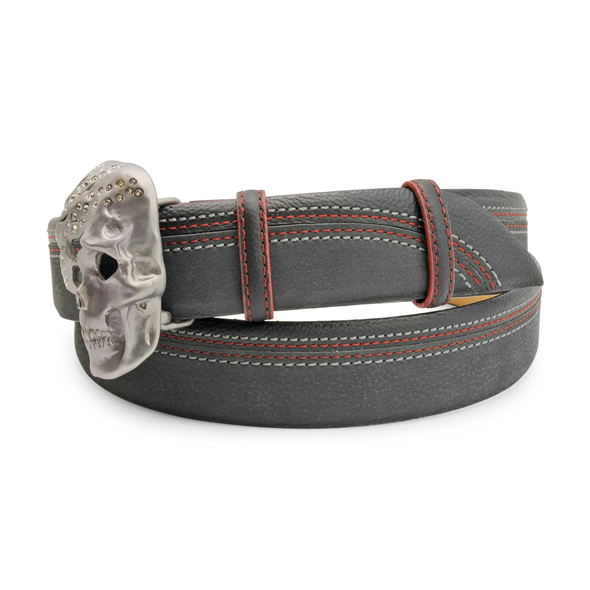 Asphalt Grey 'Sellers' Nubuck/Leather Mix Quad Stitch Crystal Skull Belt