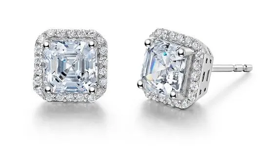 Asscher Cut Simulated Diamond Halo Post Earrings E0228CLP