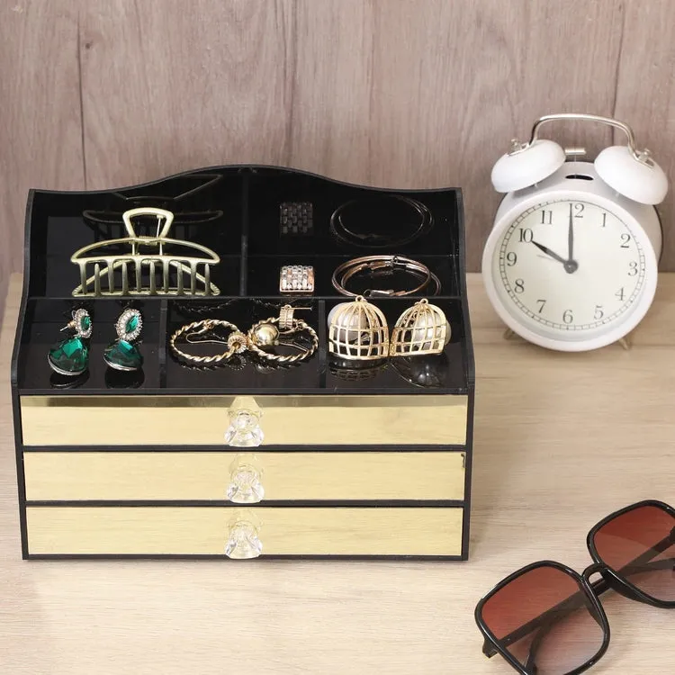 Black Acrylic Jewelry Box, Art Deco Mirrored Brass Tone Storage Drawer Organizer with Velvet Jewelry Tray Liners