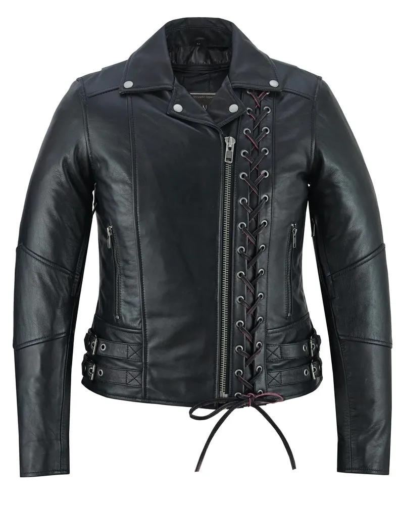 Black Pearl Women's Fashion Leather Jacket with Front Lace Accent