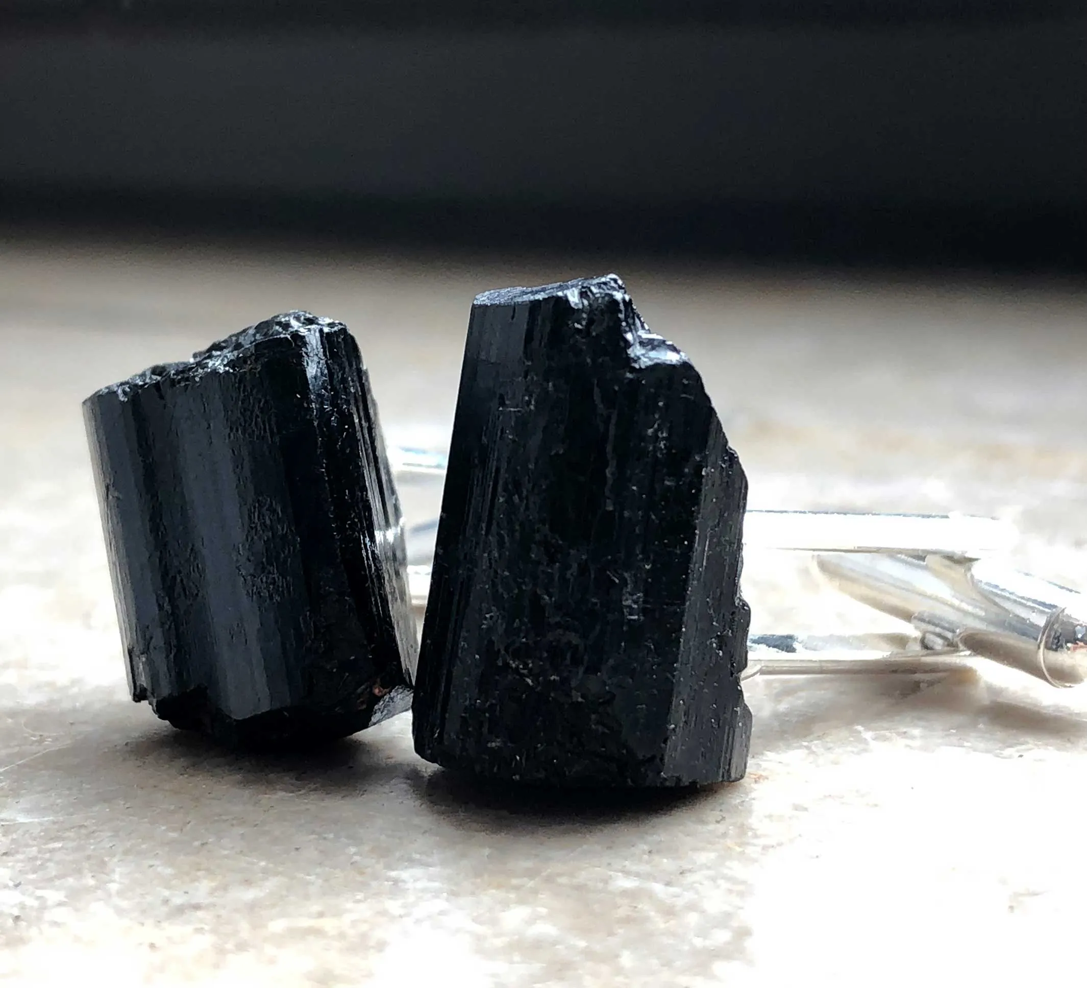 Black Tourmaline Cufflinks, rugged raw stone cuff links