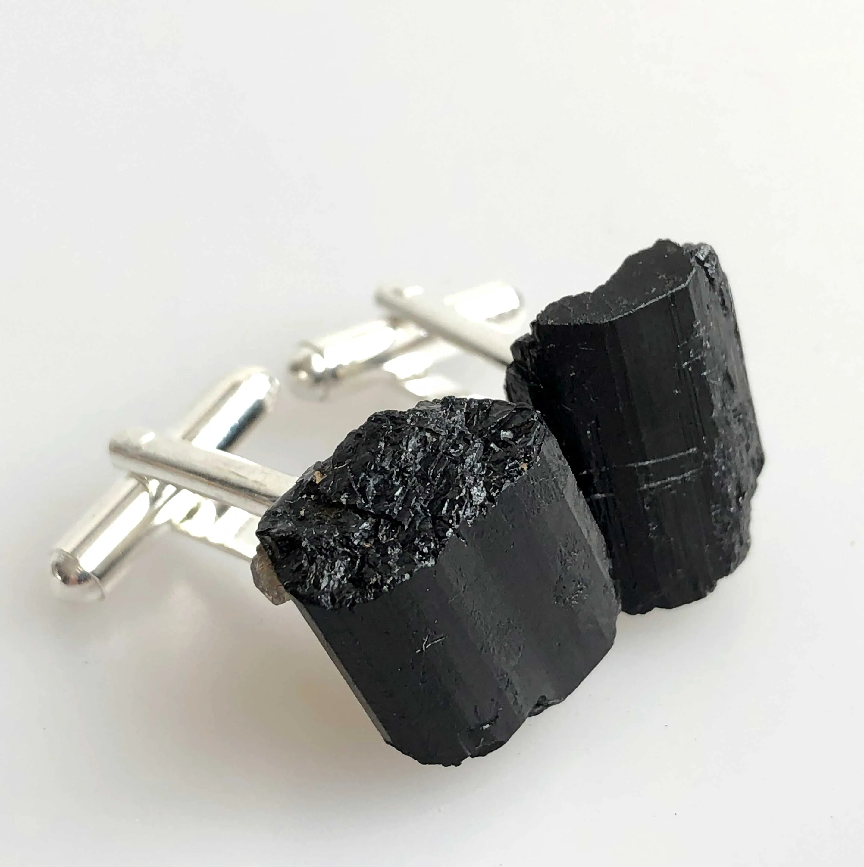 Black Tourmaline Cufflinks, rugged raw stone cuff links