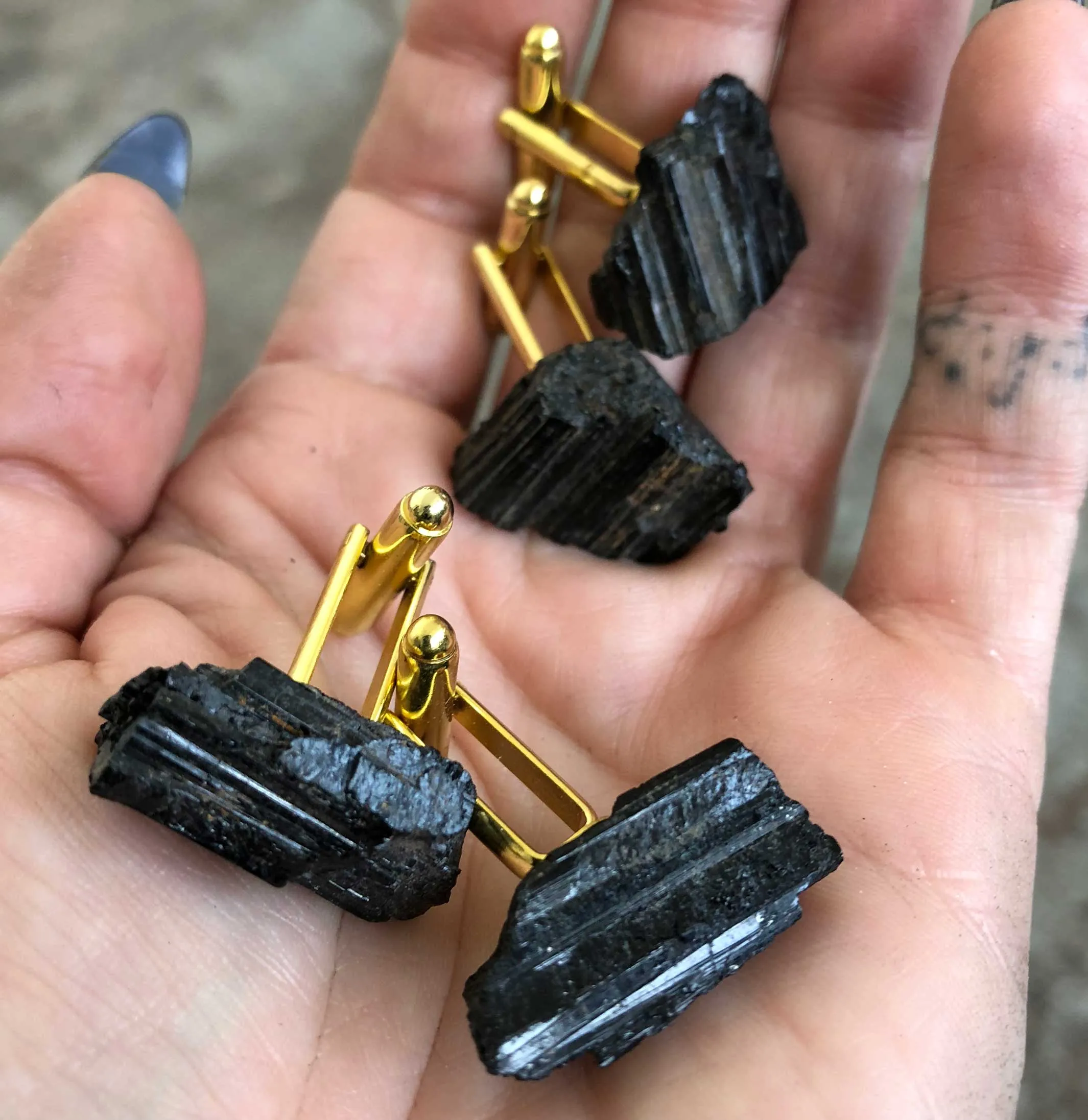 Black Tourmaline Cufflinks, rugged raw stone cuff links