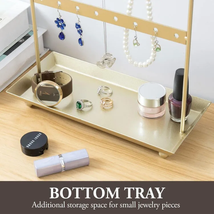 Brass Tone Metal Jewelry Organizer Stand, Hooks for Hanging Necklaces or Bracelets, Earring Hanger Rail, Ring Tray Base