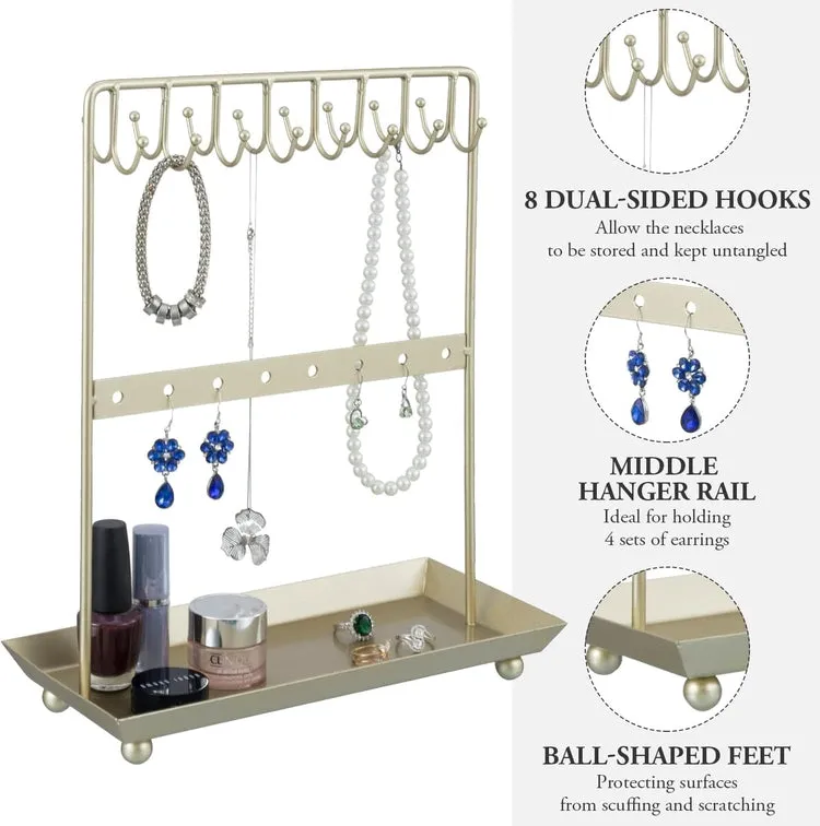 Brass Tone Metal Jewelry Organizer Stand, Hooks for Hanging Necklaces or Bracelets, Earring Hanger Rail, Ring Tray Base