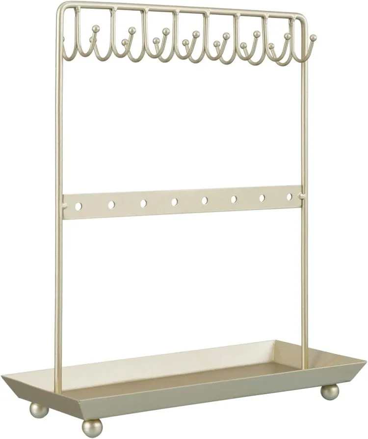 Brass Tone Metal Jewelry Organizer Stand, Hooks for Hanging Necklaces or Bracelets, Earring Hanger Rail, Ring Tray Base