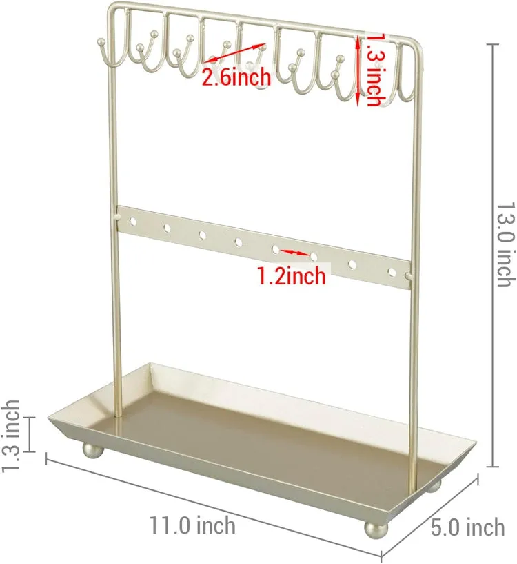 Brass Tone Metal Jewelry Organizer Stand, Hooks for Hanging Necklaces or Bracelets, Earring Hanger Rail, Ring Tray Base