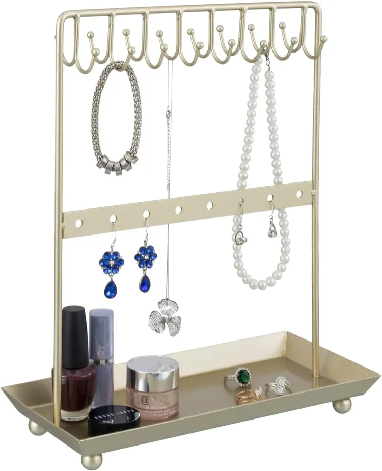 Brass Tone Metal Jewelry Organizer Stand, Hooks for Hanging Necklaces or Bracelets, Earring Hanger Rail, Ring Tray Base