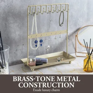 Brass Tone Metal Jewelry Organizer Stand, Hooks for Hanging Necklaces or Bracelets, Earring Hanger Rail, Ring Tray Base