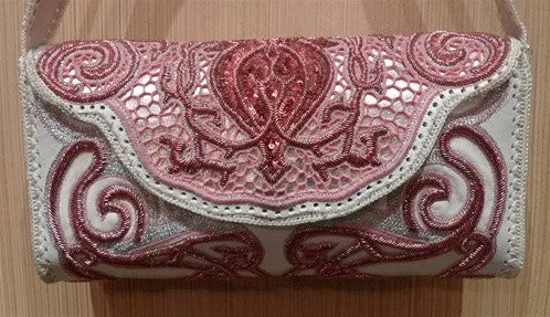 Buba of London Shoulder Bag In White and Pink Sequined Embroidery