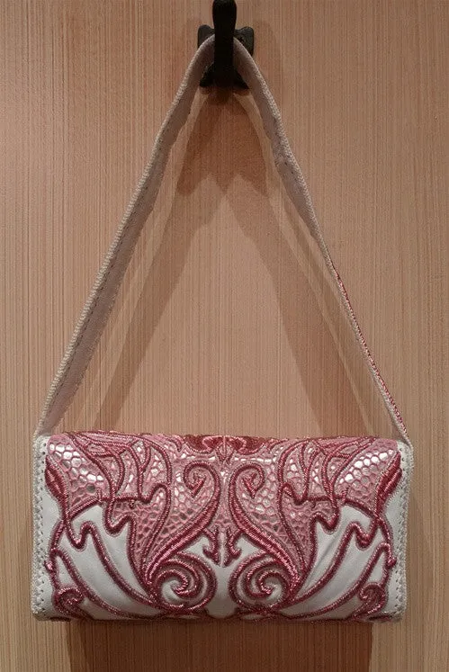 Buba of London Shoulder Bag In White and Pink Sequined Embroidery