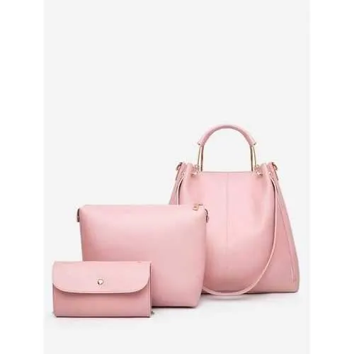 Chic Minimalist PU Leather 3 Pieces Tote Bag Set - Pink