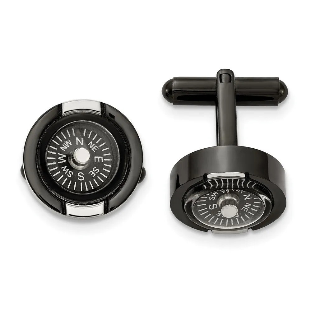 Chisel Stainless Steel Polished Black IP-Plated Functional Compass Cufflinks