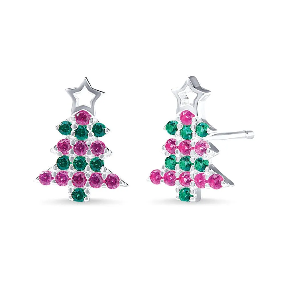 Christmas Tree Stud Earrings with Red and Green Cubic Zirconia in Sterling Silver