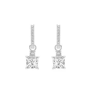 Classic Silver Rhodium Plated Square Design Princess Cut CZ Hoop Earrings (Size M)