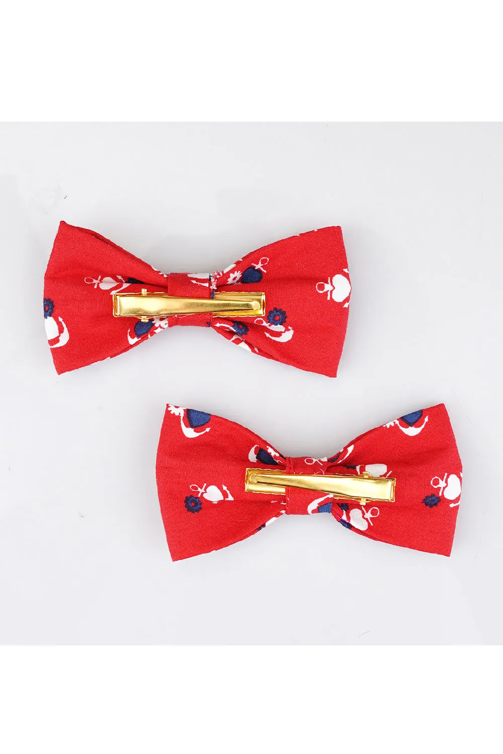 Crimson Printed Bow Hair Clips - Set Of 2 - Red, Blue And White