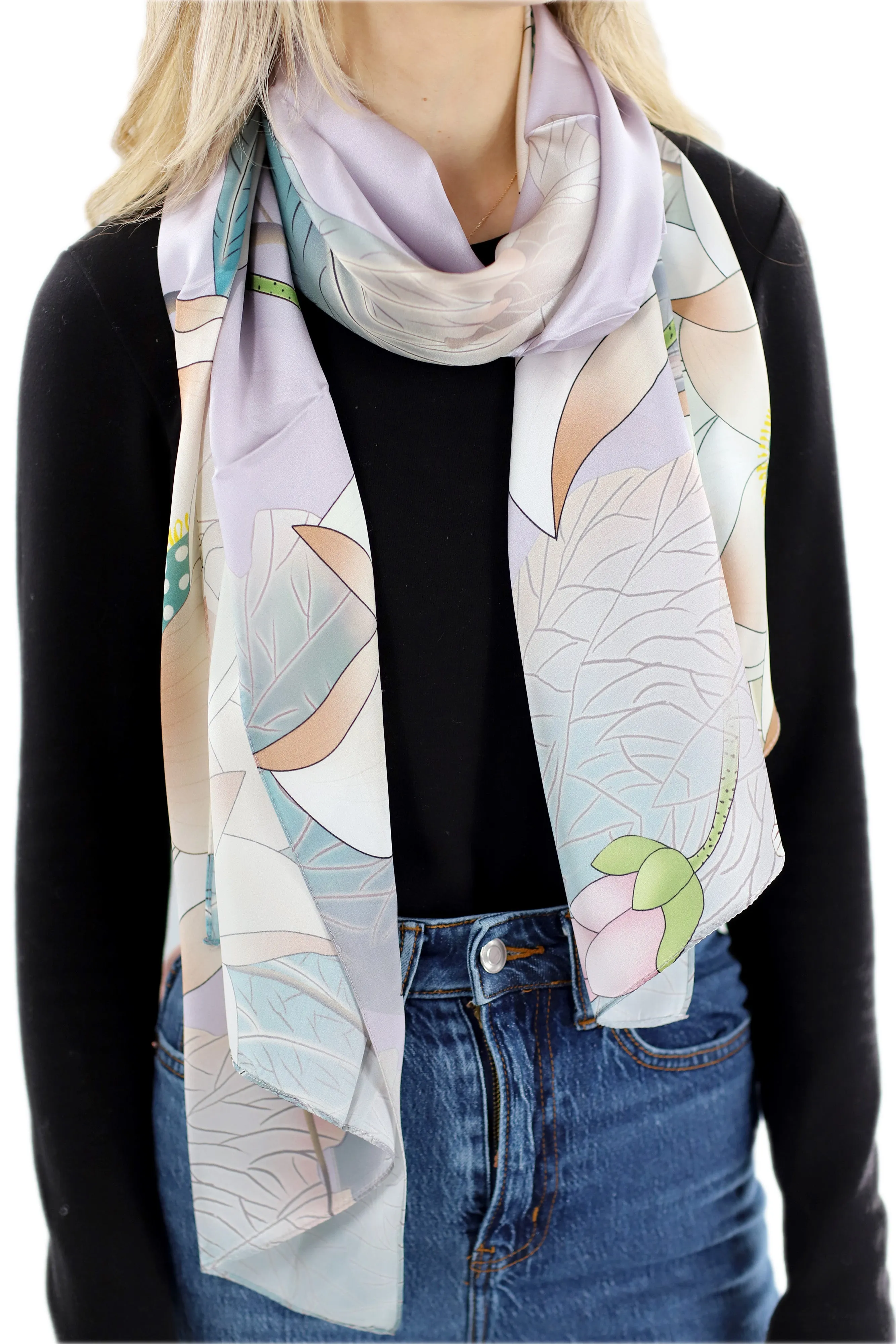 Elegant 100% Silk Floral Print Scarf - Light Grey - One Size (38x30in)