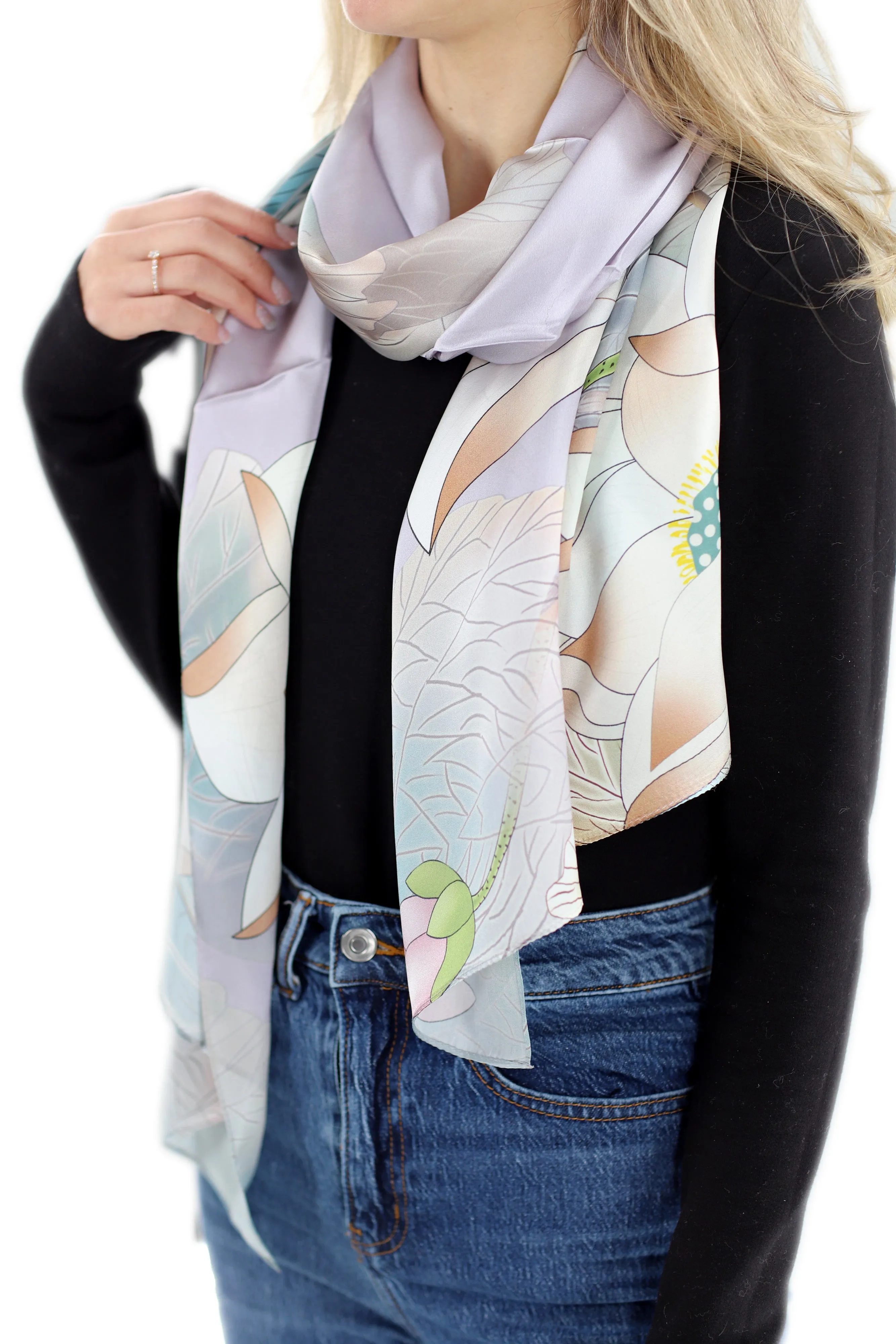 Elegant 100% Silk Floral Print Scarf - Light Grey - One Size (38x30in)