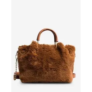 Faux Fur Handbag With Strap - Brown