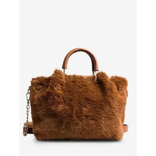 Faux Fur Handbag With Strap - Brown