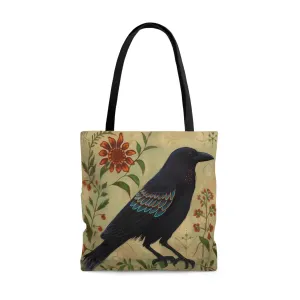 Folk Art Black Raven Tote Bag - Cute Cottagecore Totebag Makes the Perfect Gift