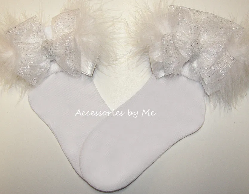 Glitter White Organza Marabou Bow Socks