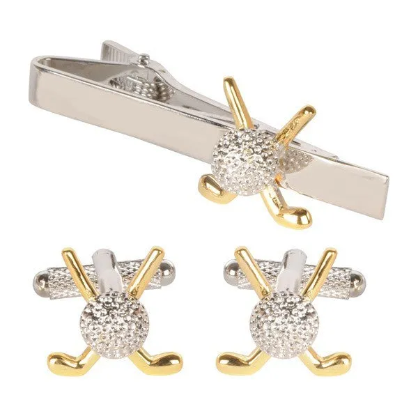 Gold Crossed Golf Clubs Cufflinks & Tie Bar Gift Set