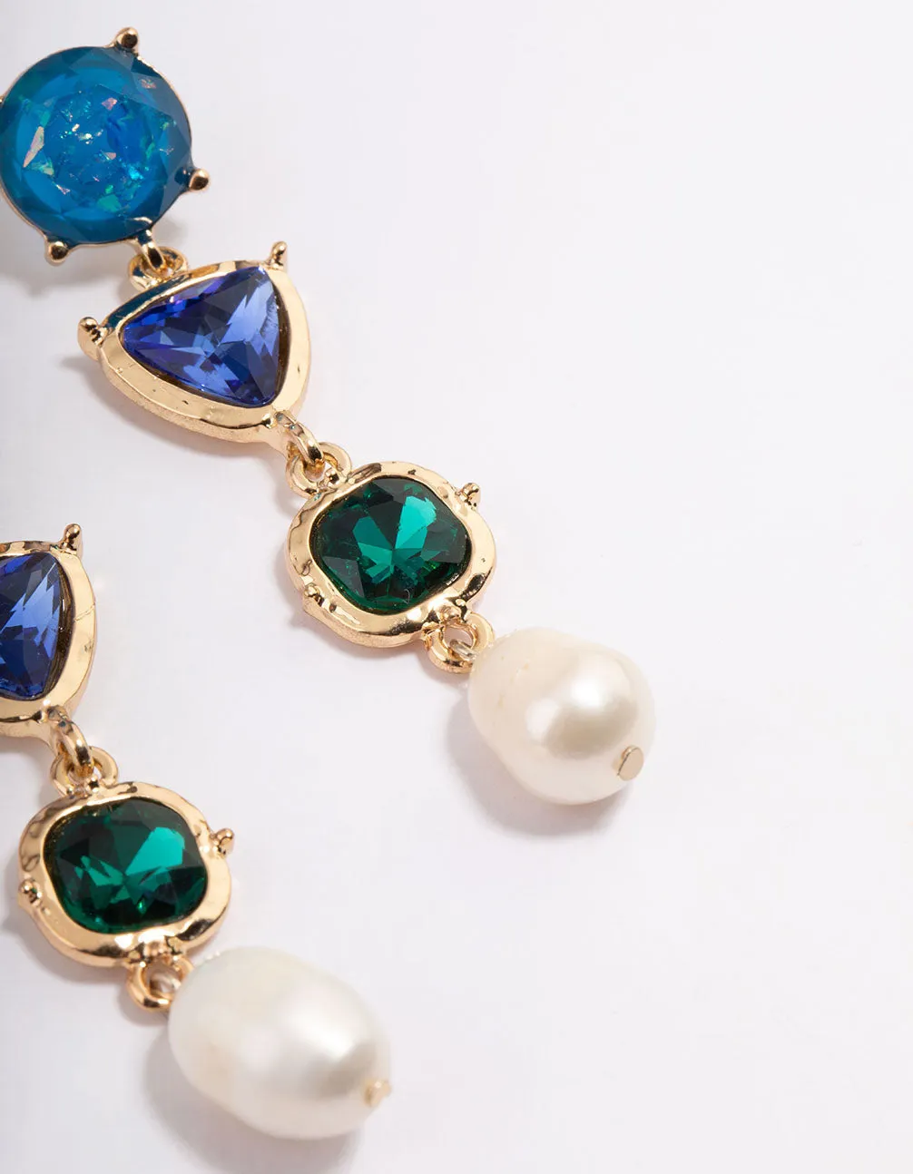 Gold Mixed Organic Blue Stone Pearl Drop Earrings