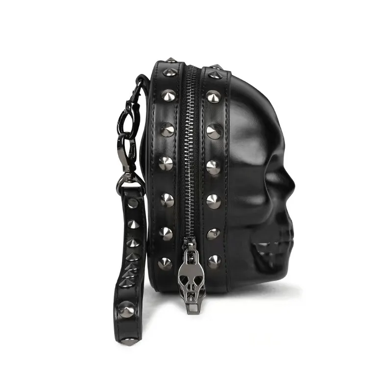 Gothic 3D Skull Rivets Wristbag / Punk Zipper Black Shoulder Bag