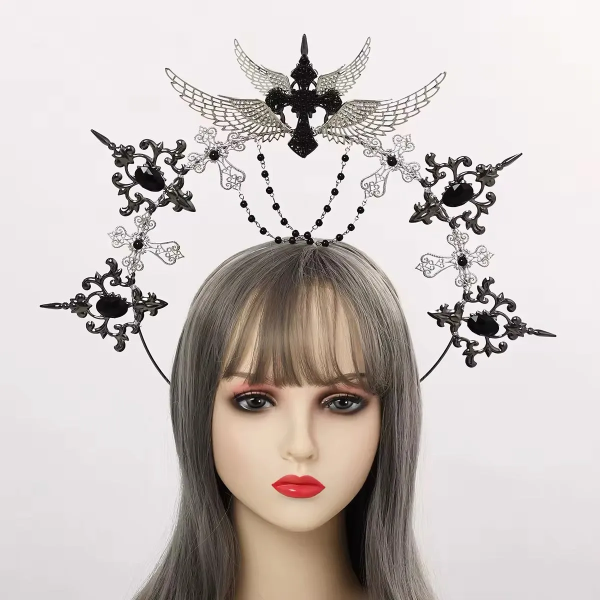 Gothic Goddess Spiked Halo Crown Festival Headdress Headband - Black Cross with Pearl Chain