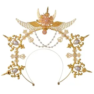 Gothic Goddess Spiked Halo Crown Festival Headdress Headband - Gold Angel with Pearl Chain