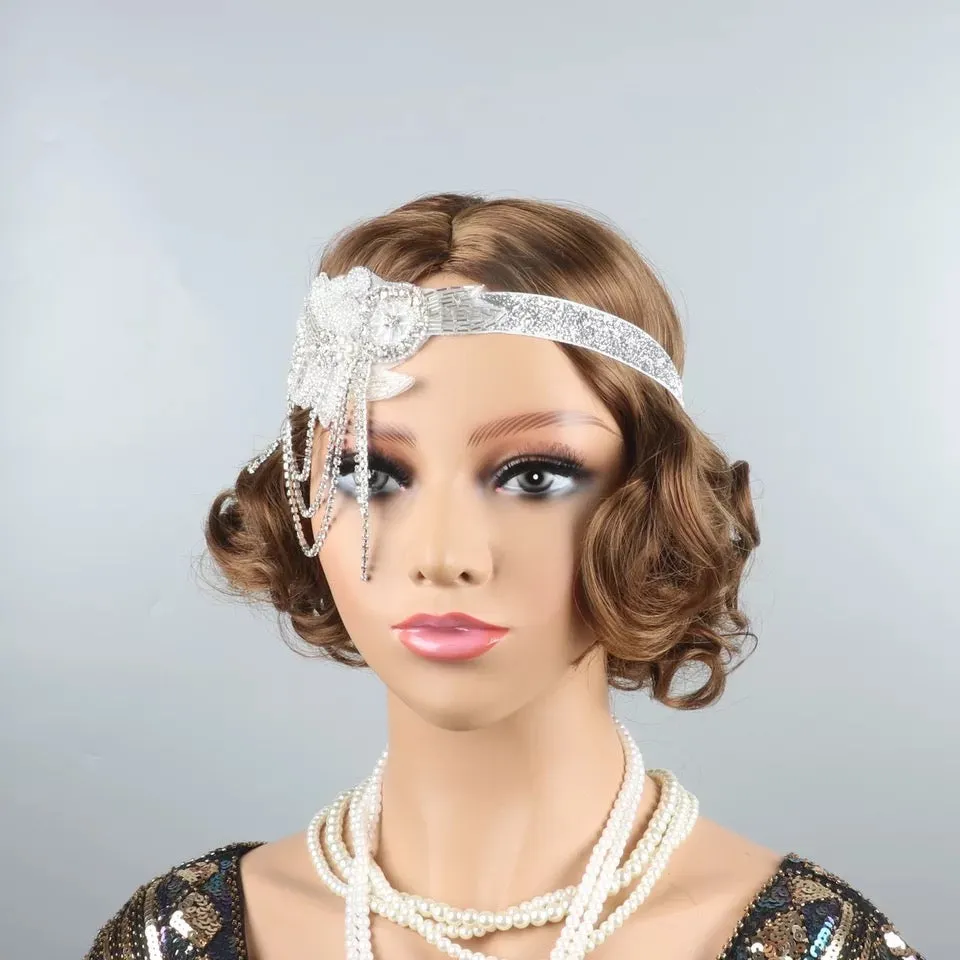 Great Gatsby 1920's Flapper Headdress Fancy Dress - White / Silver (Style 22)