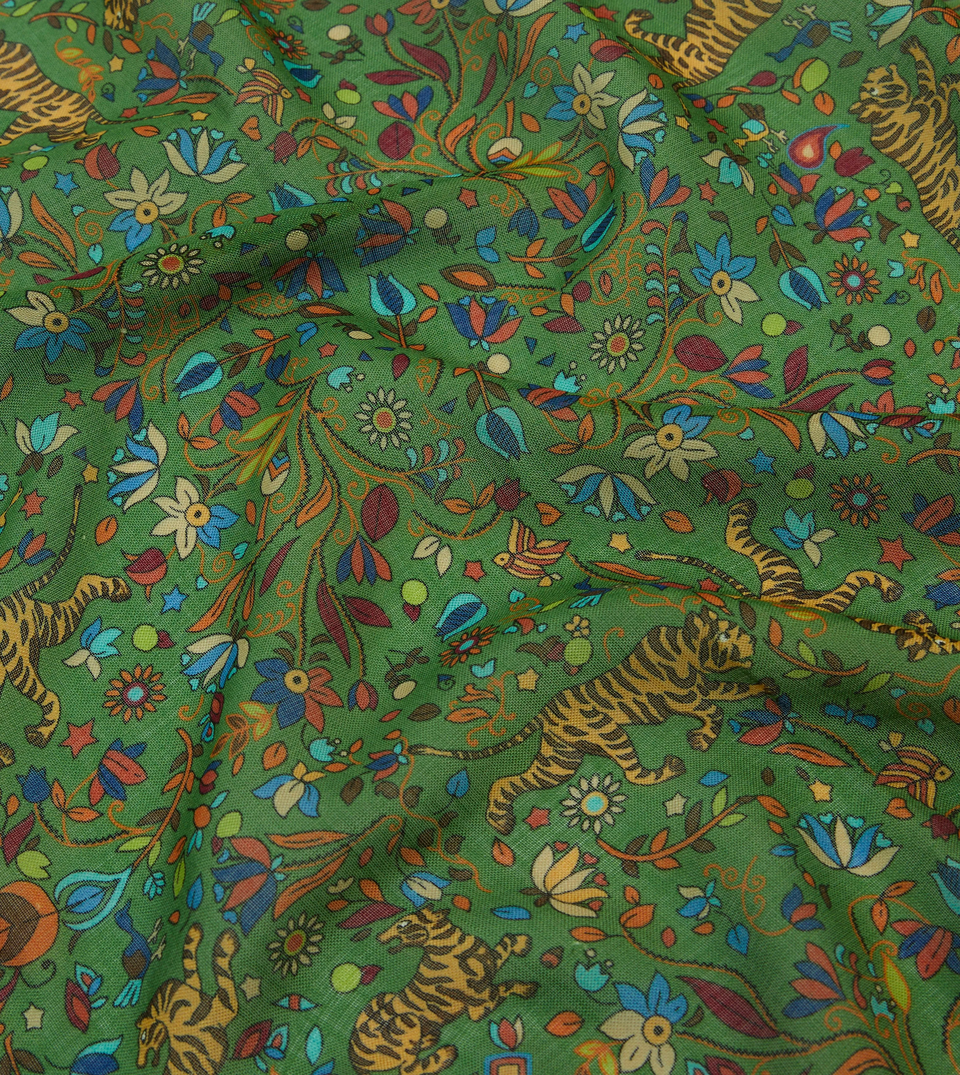 Green Summer Tigers Print Wool-Silk Square Scarf