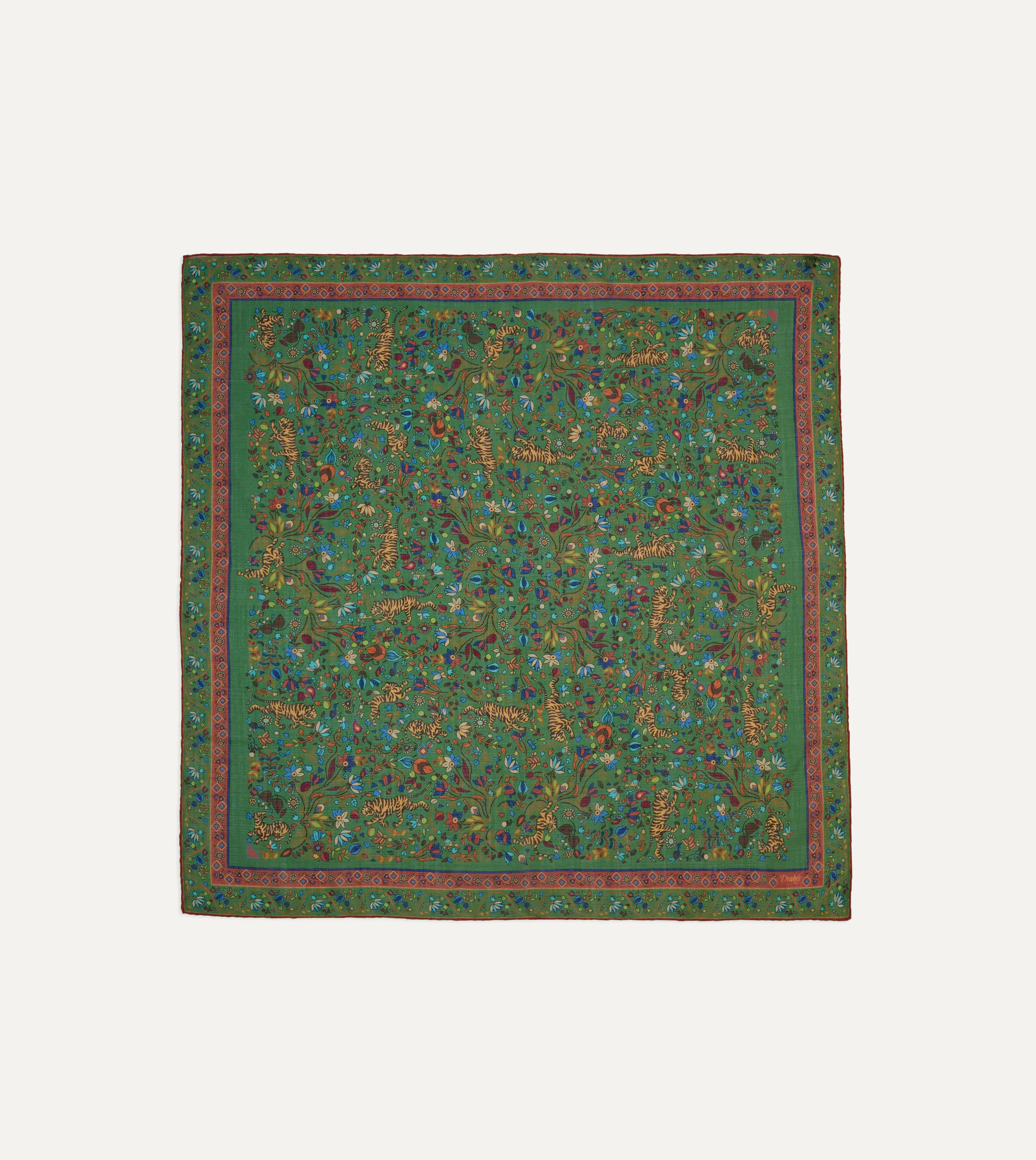 Green Summer Tigers Print Wool-Silk Square Scarf