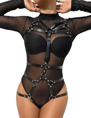 Lady Gothic Strappy Leather Body Harness with Waist Belt for Women