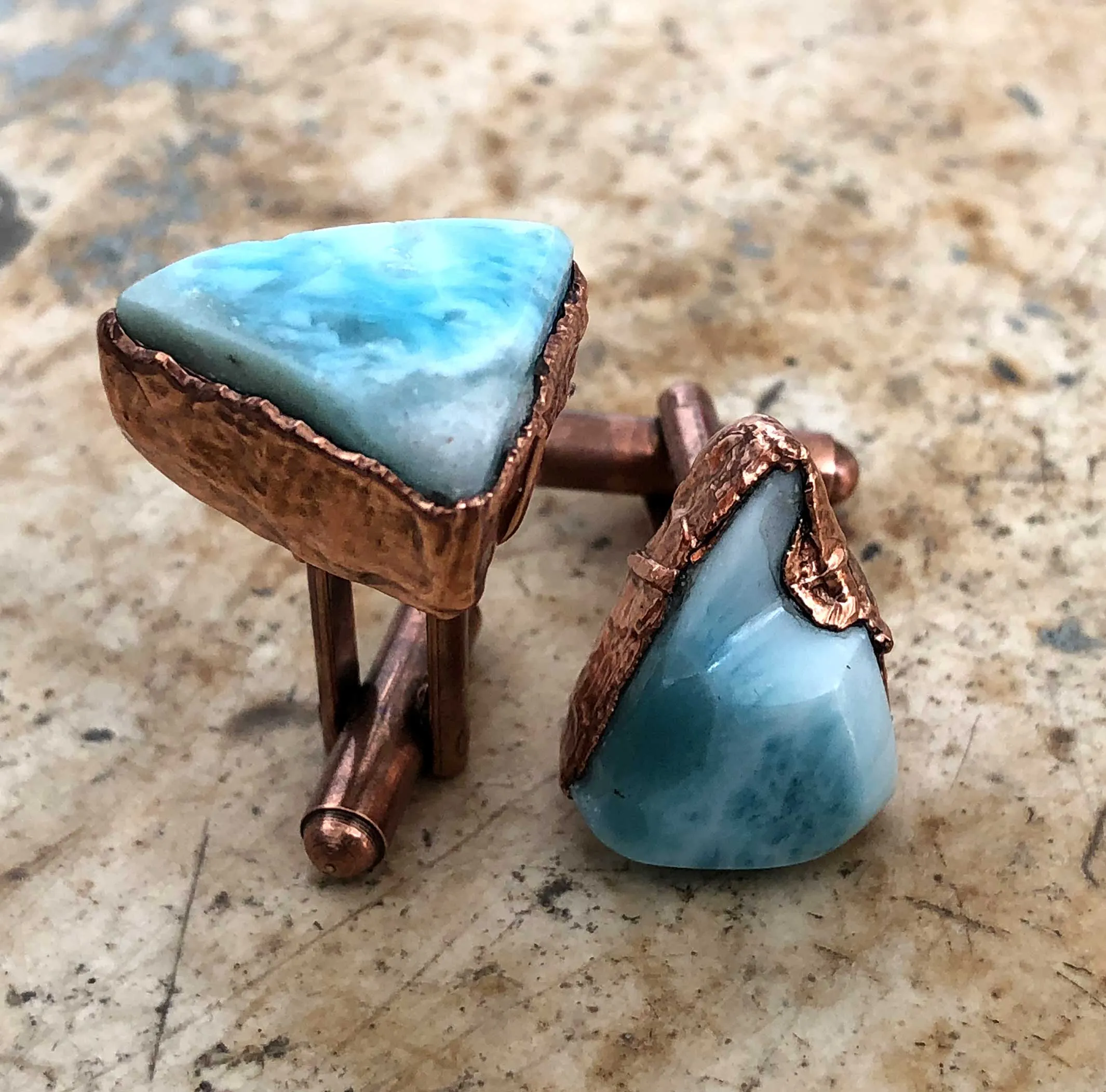 Larimar Cufflinks, Electroformed copper gemstone cuff links