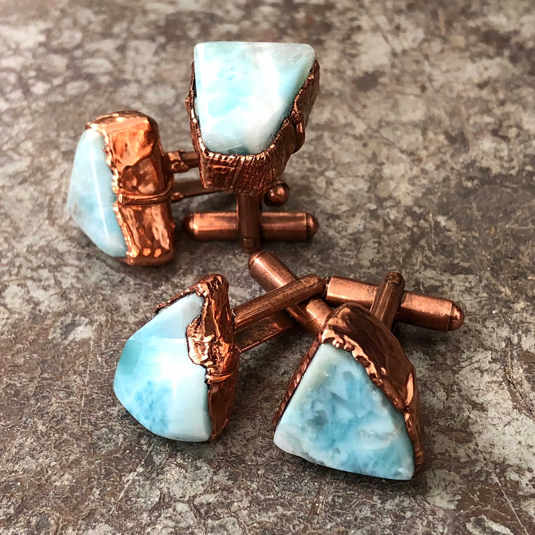 Larimar Cufflinks, Electroformed copper gemstone cuff links