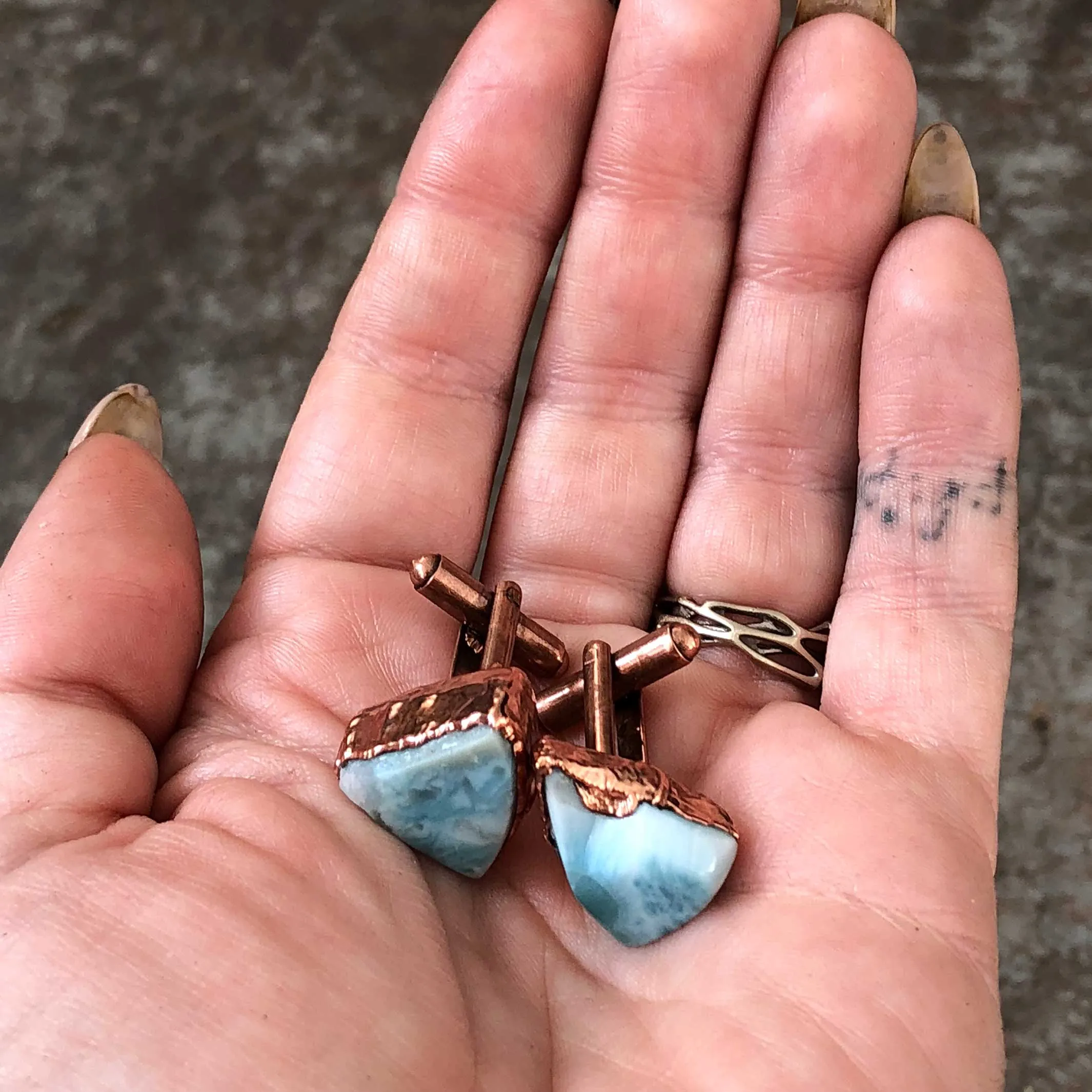 Larimar Cufflinks, Electroformed copper gemstone cuff links