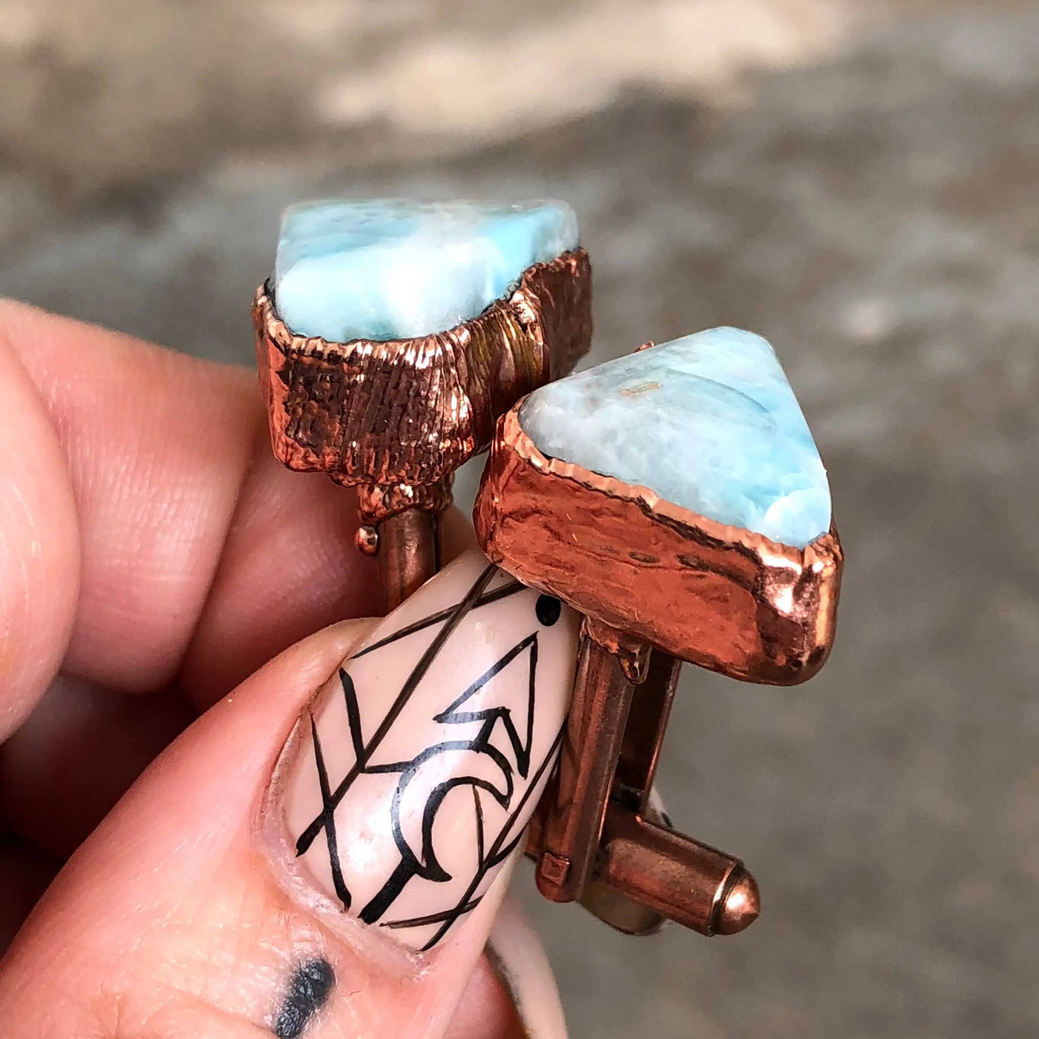 Larimar Cufflinks, Electroformed copper gemstone cuff links