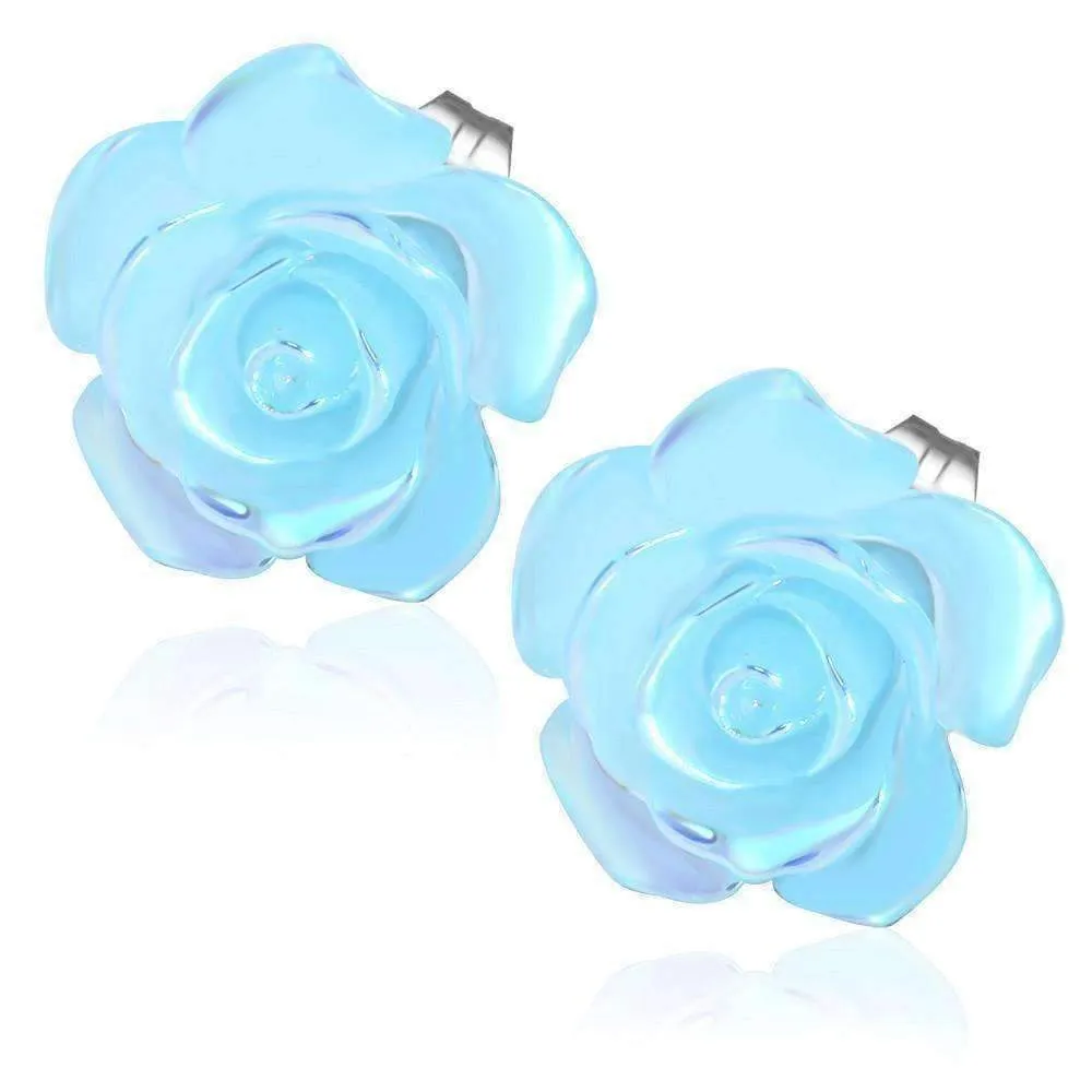 Light Blue Rose Stud Stainless Steel 316 Earrings For Woman