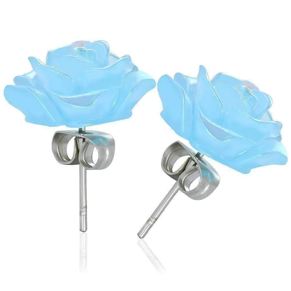 Light Blue Rose Stud Stainless Steel 316 Earrings For Woman